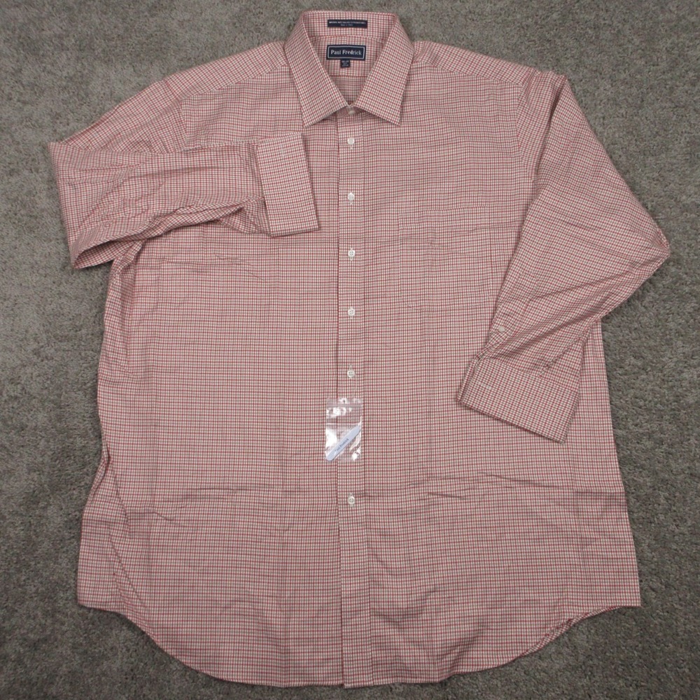 Paul Fredrick Shirt Mens 2XL 18.5 34 Orange Plaid Twill Two Ply Cotton Dobby NEW